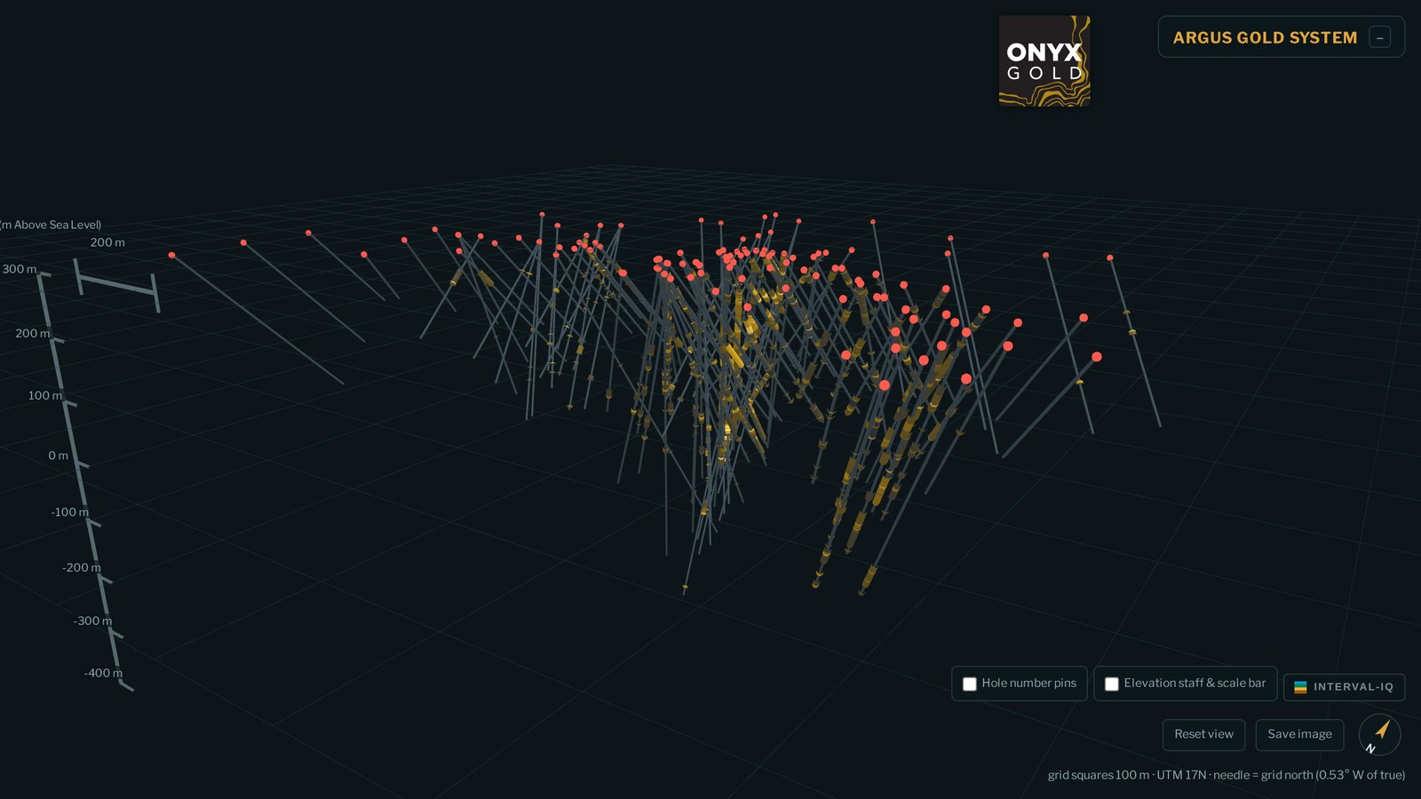 The Argus Gold System 3D drill hole viewer, embedded in Onyx Gold's own website