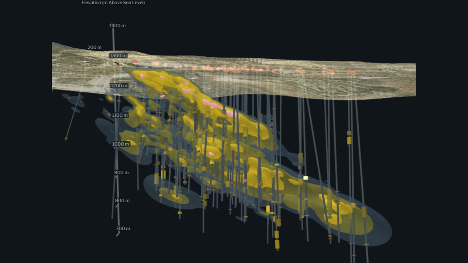 3D view of the Mother Lode deposit: satellite imagery draped over the terrain surface with drill traces and gold grade shells below